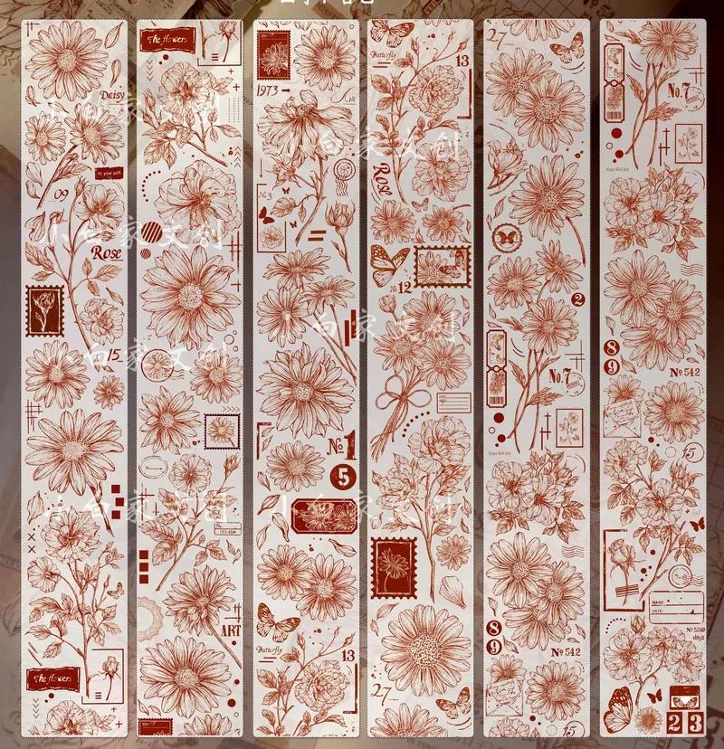 빈티지 장미 꽃 저널 와시 마스킹 테이프, 6 미터 롤